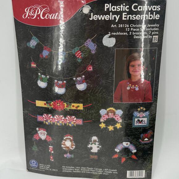 Christmas Jewelry Plastic Canvas Ensemble Kit #28126 J&P Coats 1998 SEALED NEW - Picture 2 of 10